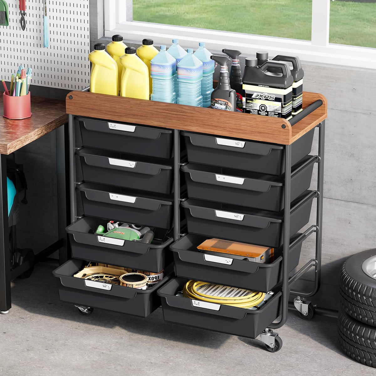 10 Drawer Rolling Storage Cart with Wooden Tabletop P880241