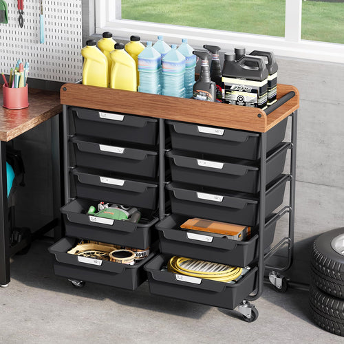 10 Drawer Rolling Storage Cart with Wooden Tabletop P880241