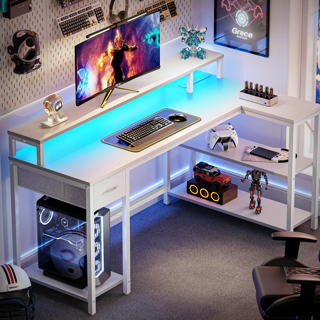 53 inch Reversible L Shaped Desk with LED Lights & Power Outlets G841