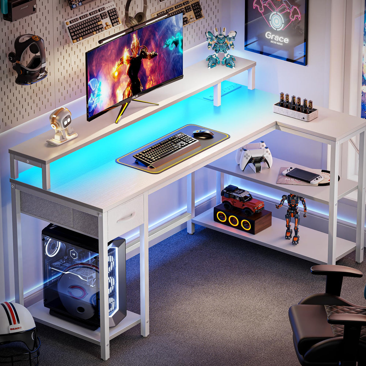 53 inch Reversible L Shaped Desk with LED Lights & Power Outlets G841