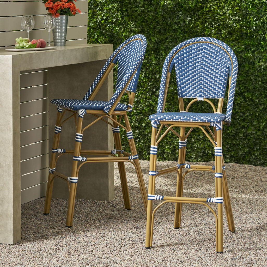 Dark Teal and White PE Rattan Bar Stool Set of 2 C6135