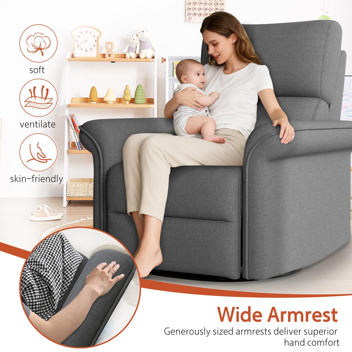 Velvet Grey Swivel Rocker Recliner Chair E4305