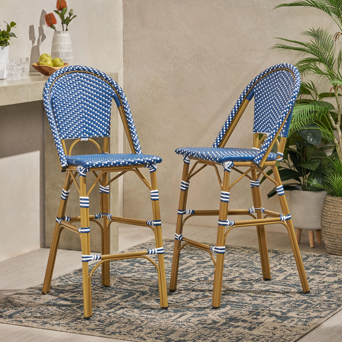 Dark Teal and White PE Rattan Bar Stool Set of 2 C6135