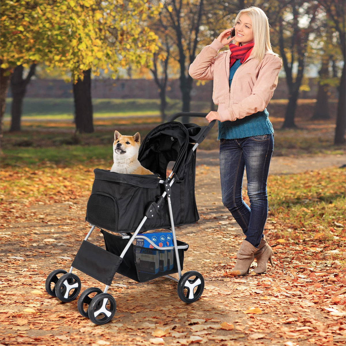 4 Wheels Foldable Pet Stroller with Storage Basket and Cup Holder B56887