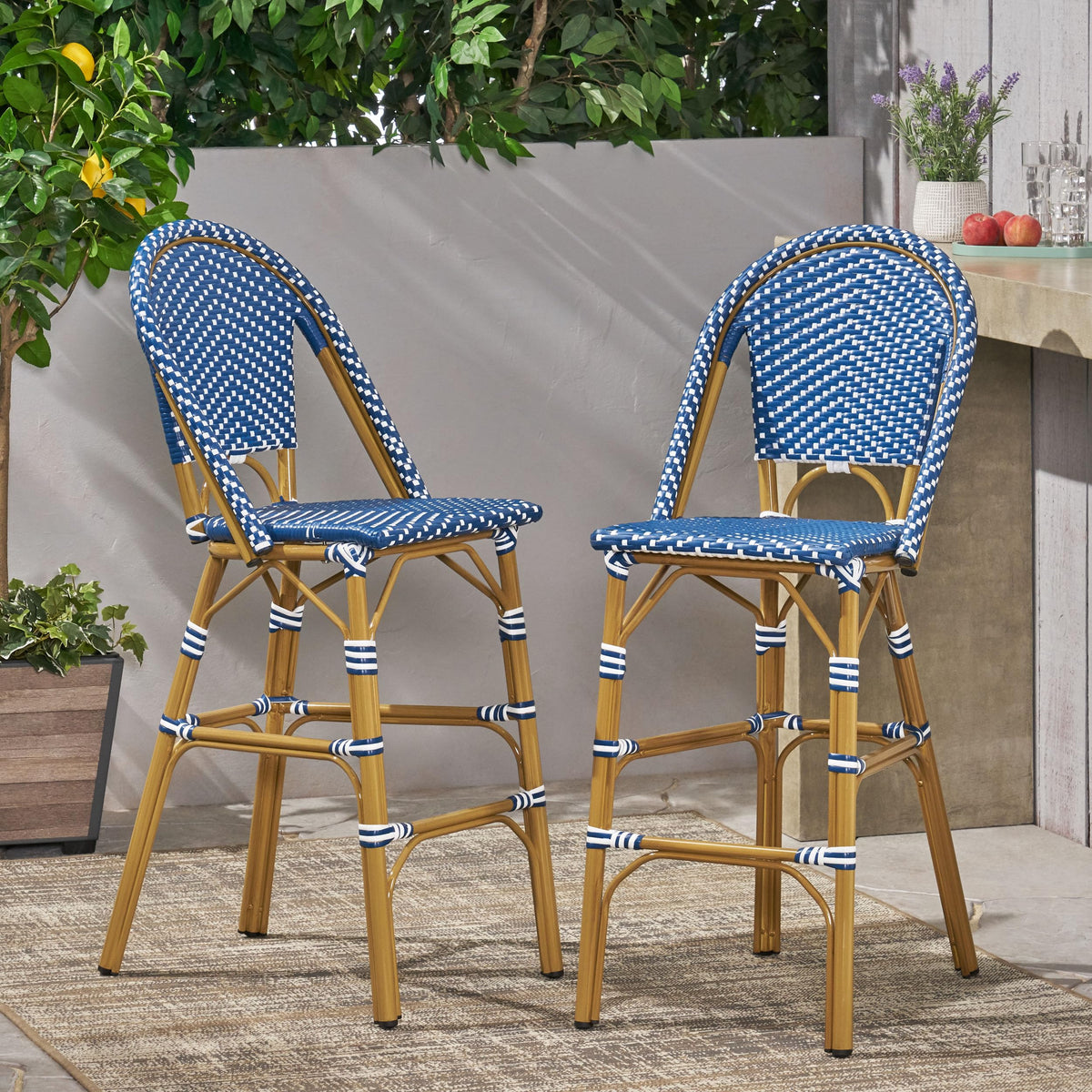 Dark Teal and White PE Rattan Bar Stool Set of 2 C6135
